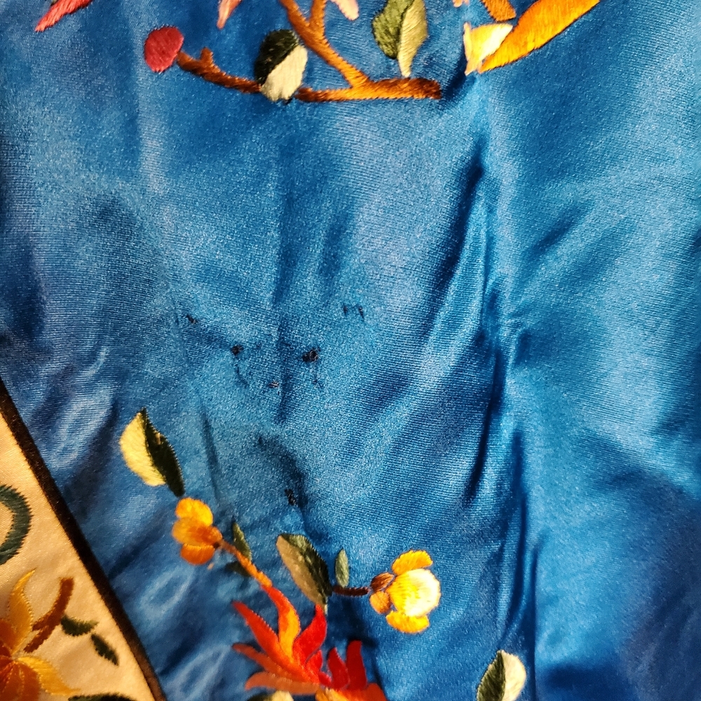 Blue Embroidered Satin Top with Floral Motif - Picture 4 of 16